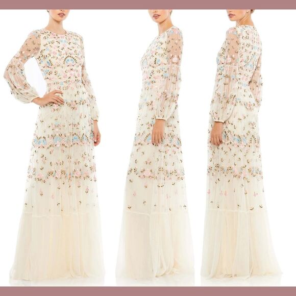 NEW Mac Duggal [‎ 10 ] 35111 Floral Embroidered Blouson Sleeve Gown Ivory Long - Picture 2 of 16